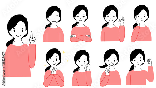 A set of illustrations of various expressions of a young woman's upper body. Joy, anger, sorrow, and pleasure.