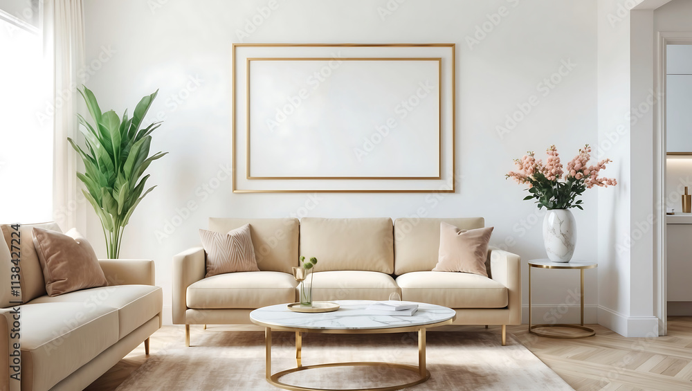 Brown sofa and marble coffee table in living room with photo frame on the wall. Modern living room with cosy white sofa. Brown sofa and marble coffee table in living room with photo frame on the wall. Modern living room with cosy white sofa.