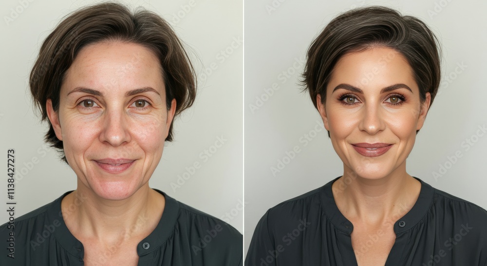 Transformation of mature caucasian female through makeup enhancements Transformation of mature caucasian female through makeup enhancements