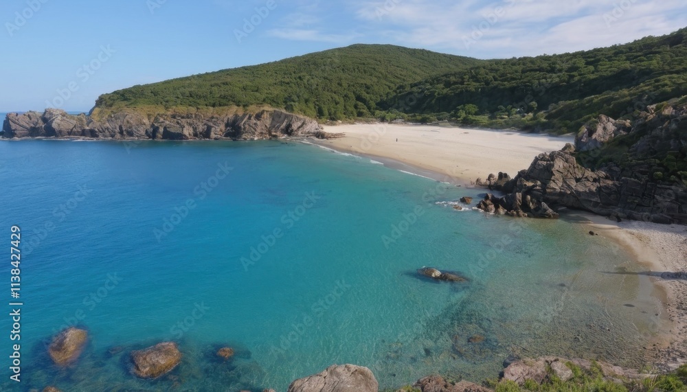 Obraz premium Panoramic view of the beach and sea with clear blue water, sandy shore, and distant mountains under a sunny sky, capturing a peaceful coastal landscape in Greece during summer