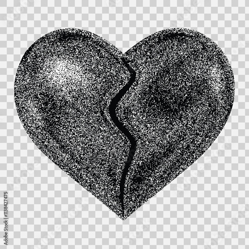  broken heart with a retro photocopy effect. Gothic valentine's day concept. Broken heart trendy Y2K . Grain effect and stippling. Vector dots texture.