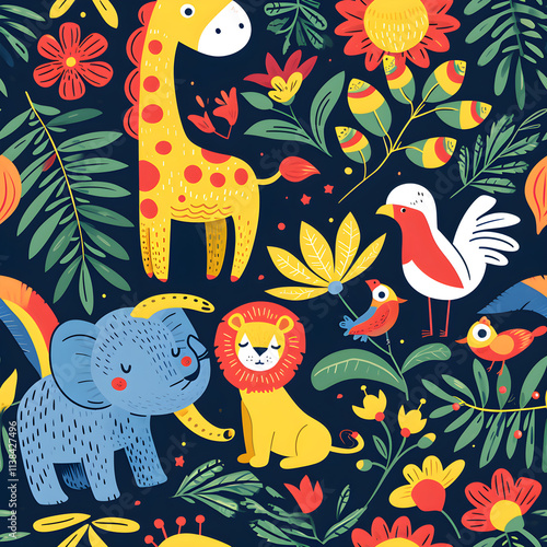 Tropical Safari Animals with Vibrant Foliage - Seamless Pattern