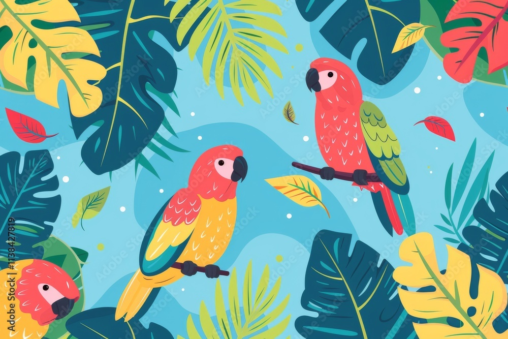 Tropical parrots surrounded by lush foliage in vivid colors, creating a vibrant and lively atmosphere, ideal for nature themed projects and designs Tropical parrots surrounded by lush foliage in vivid colors, creating a vibrant and lively atmosphere, ideal for nature themed projects and designs