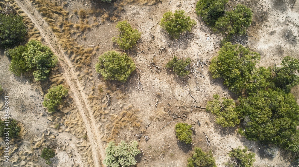Aerial View of Dry Landscape: Arid Grassland with Winding Dirt Road and Sparse Vegetation Aerial View of Dry Landscape: Arid Grassland with Winding Dirt Road and Sparse Vegetation