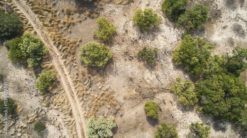 Aerial View of Dry Landscape: Arid Grassland with Winding Dirt Road and Sparse Vegetation