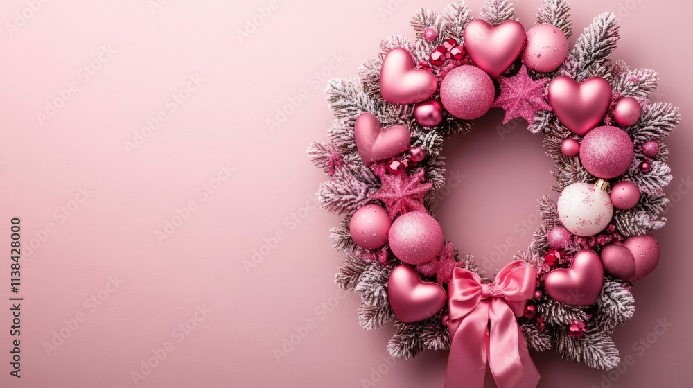 Pink Christmas Wreath With Hearts Ornaments And Bow Pink Christmas Wreath With Hearts Ornaments And Bow