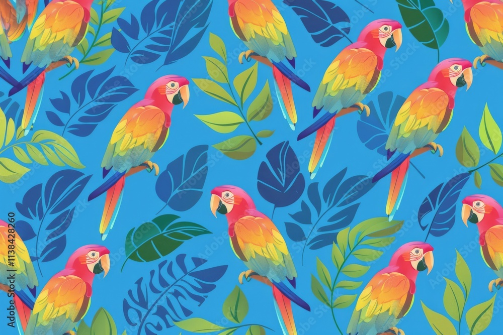 Obraz premium Tropical parrots surrounded by lush foliage in vivid colors, creating a vibrant and lively atmosphere, ideal for nature themed projects and designs