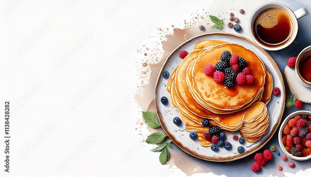 Watercolor breakfast flat-lay with pancakes, berries, and a steaming cup of coffee isolated on white background with copy space Watercolor breakfast flat-lay with pancakes, berries, and a steaming cup of coffee isolated on white background with copy space