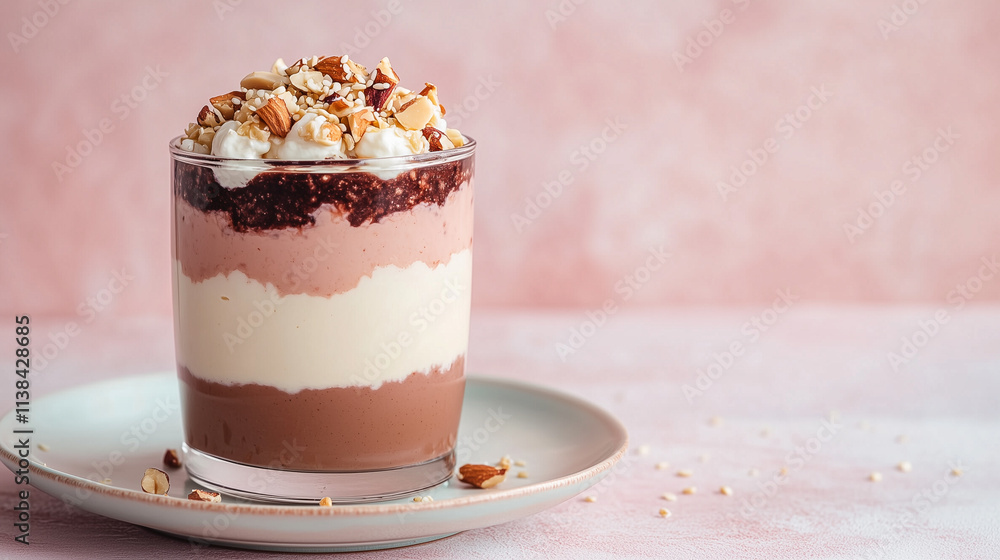 Layered Soy Milk Pudding with Chocolate, Cream, and Nut Toppings, styled for Chinese New Year celebrations Layered Soy Milk Pudding with Chocolate, Cream, and Nut Toppings, styled for Chinese New Year celebrations