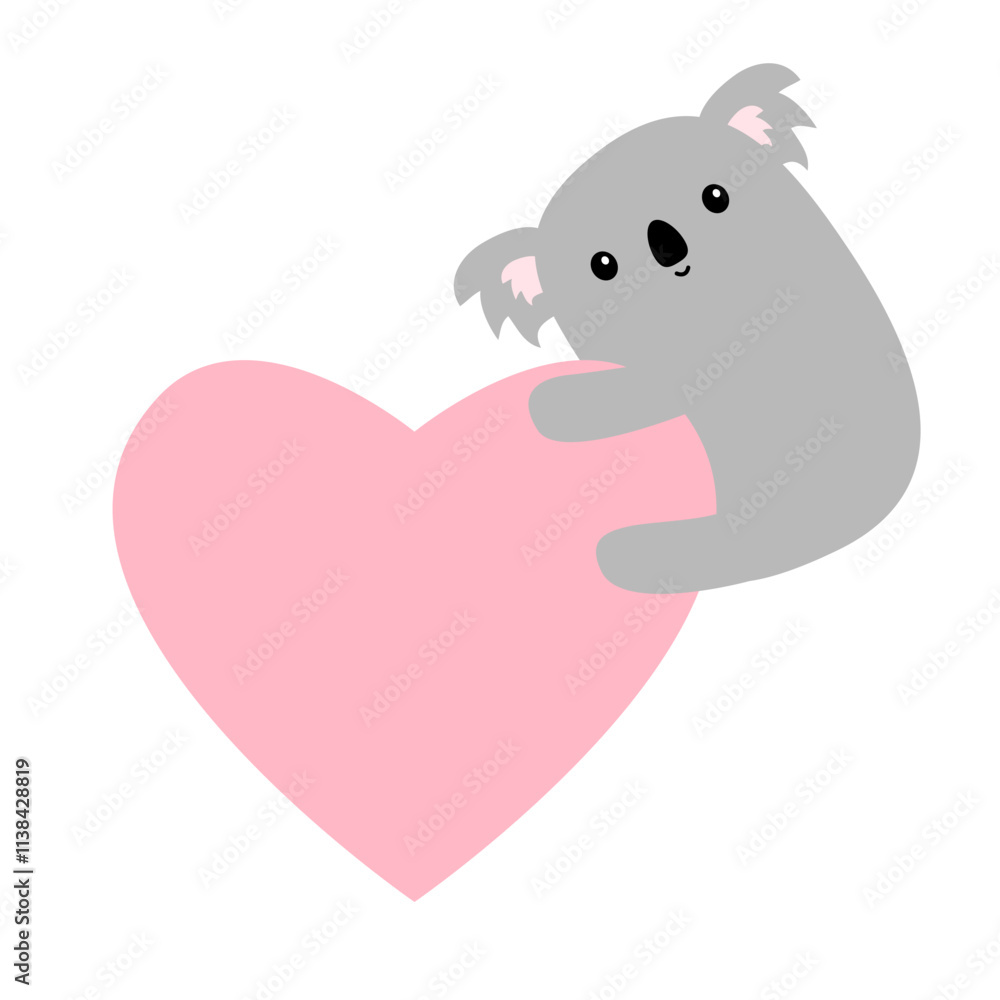 Fototapeta premium Koala bear hanging on pink heart. Cute cartoon funny baby character. Kawaii animal. Sticker, t-shirt print template. Love Valentines Day greeting card. Flat design. White background. Isolated. Vector