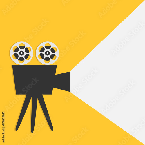 Retro Cinema projector with light. Movie night. Vintage film camera reel. Invitation, poster, banner, flyer template. Simple flat design. Yellow background. Isolated. Vector illustration
