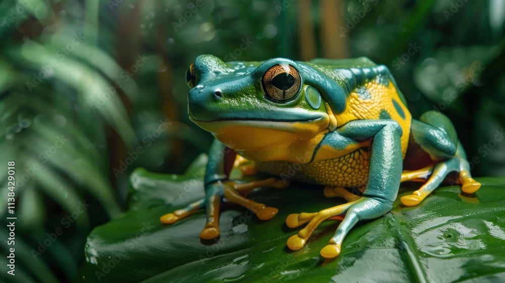 Vibrant green and yellow frog on a leaf in a lush rainforest. Vibrant green and yellow frog on a leaf in a lush rainforest.
