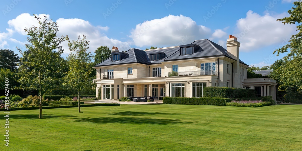 A grand, luxurious house with a large garden and modern architecture. A grand, luxurious house with a large garden and modern architecture.
