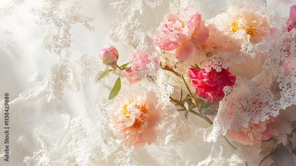 87. A striking image of peonies intertwined with delicate lace against a light backdrop 87. A striking image of peonies intertwined with delicate lace against a light backdrop