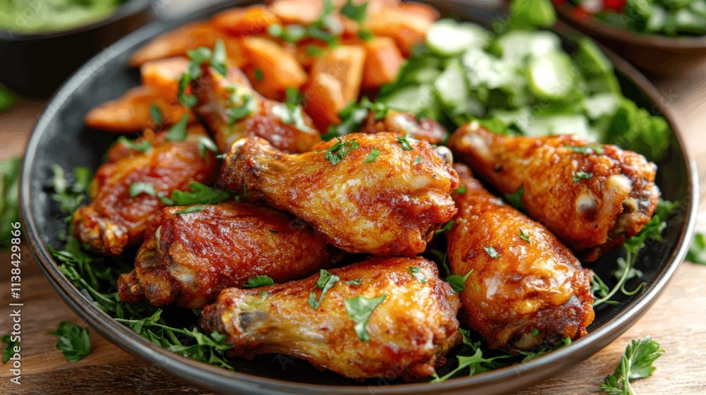 Delicious roasted chicken wings served with sweet potato fries and a fresh cucumber and salad side dish. Delicious roasted chicken wings served with sweet potato fries and a fresh cucumber and salad side dish.