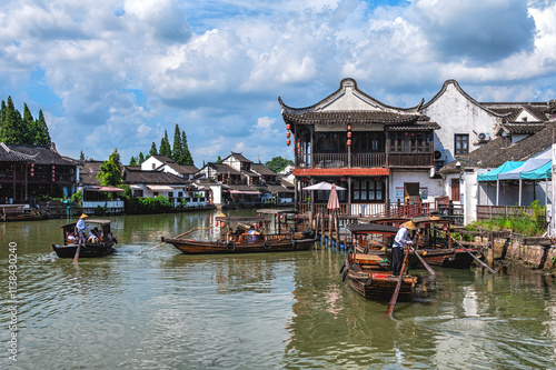 Sightseeing Boats in Zhujiajiao Ancient Town (called Shanghai Venice). Zhujiajiao is an ancient water town well-known more than 1700 years photo