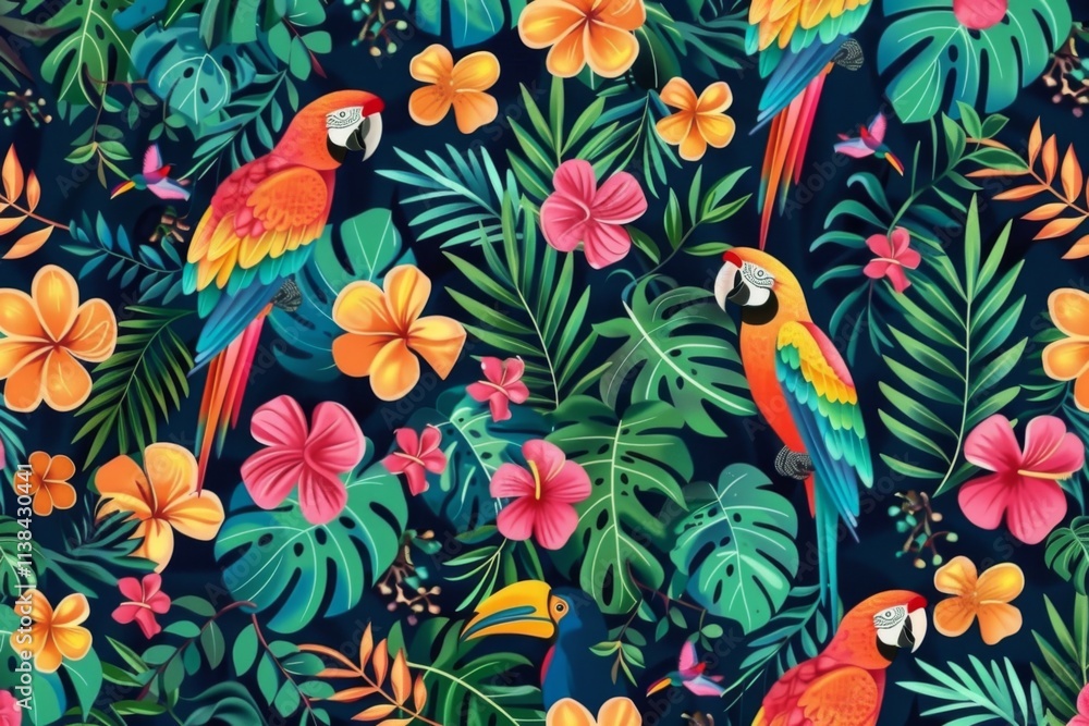 Tropical parrots surrounded by lush foliage in vivid colors, creating a vibrant and lively atmosphere, ideal for nature themed projects and designs Tropical parrots surrounded by lush foliage in vivid colors, creating a vibrant and lively atmosphere, ideal for nature themed projects and designs