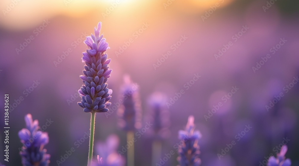 Fototapeta premium Serene Lavender bathed in the golden sunset glow, a breathtaking display of nature's artistry. Tranquil beauty unfolds.