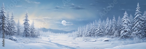 A breathtaking winter wonderland landscape featuring a snow-covered forest under a serene moonlit sky, capturing the tranquil beauty of nature's frozen stillness on a crisp, clear night.