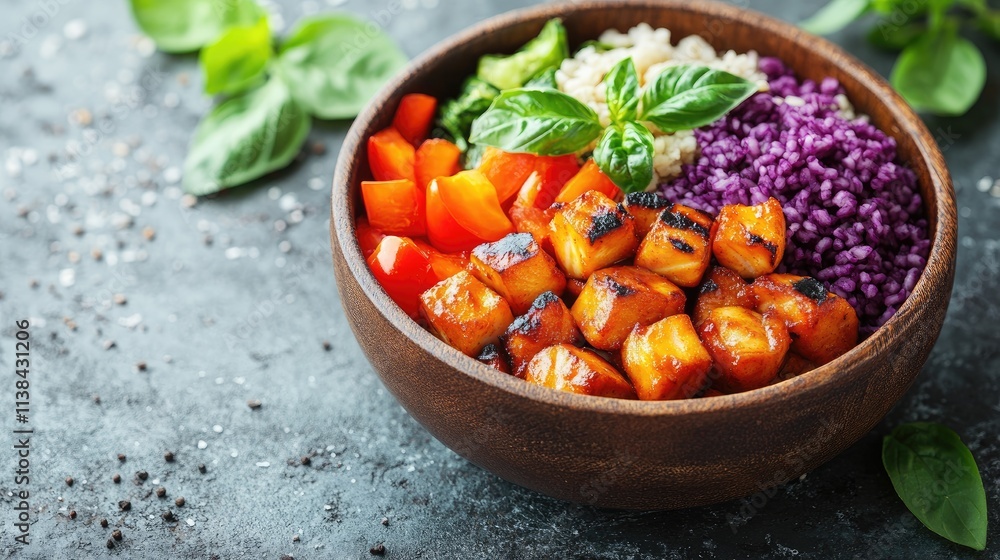 Delicious tofu bowl with rice, peppers, and cabbage. Delicious tofu bowl with rice, peppers, and cabbage.