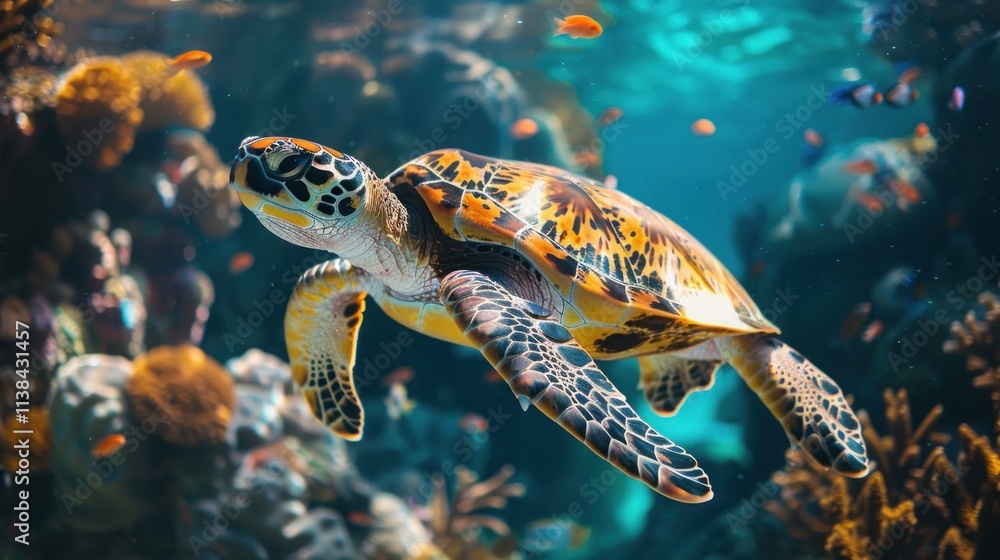 Hawksbill sea turtle swimming in vibrant coral reef. Hawksbill sea turtle swimming in vibrant coral reef.