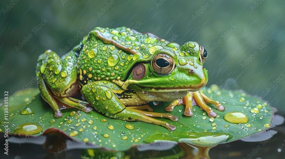 Green frog sitting on a rain-soaked lily pad. Green frog sitting on a rain-soaked lily pad.