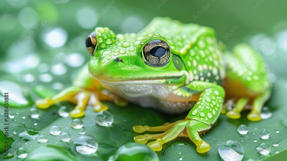 Obraz premium Green tree frog on a dew-covered leaf.