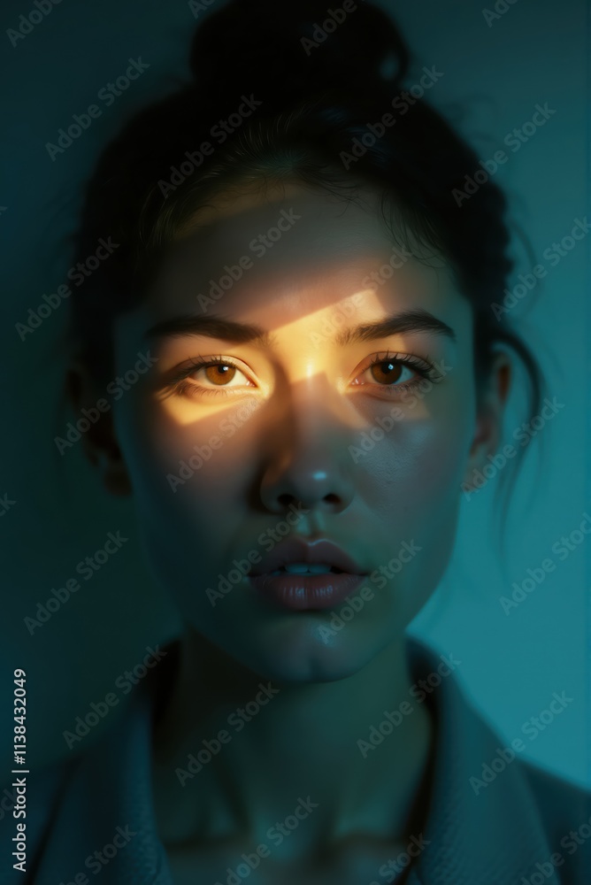 Young woman with light projected on face posing in studio shot Young woman with light projected on face posing in studio shot