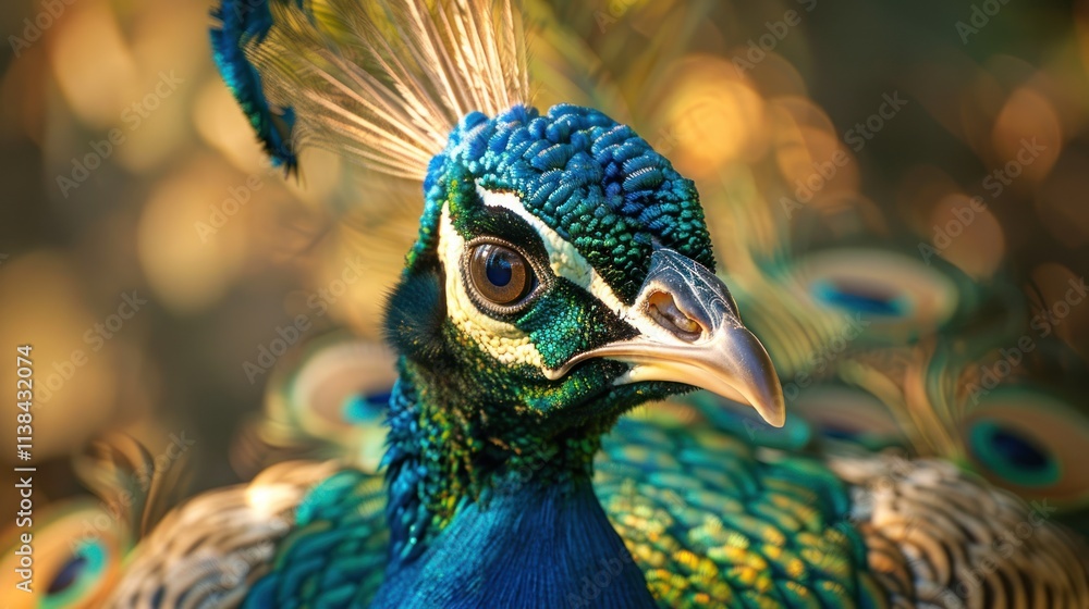 Close-up portrait of a peacock's head and neck, showcasing vibrant iridescent blue, green, and gold feathers. Close-up portrait of a peacock's head and neck, showcasing vibrant iridescent blue, green, and gold feathers.