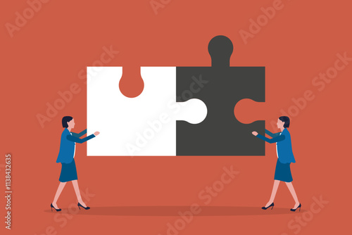 Two business women putting puzzles together. concept of Parts connect, collaboration or business cooperation metaphor