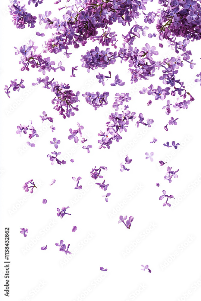 Macro image of spring lilac purple flowers falling from above on white background. Floral banner, vertical greeting card, floral background, wallpaper Macro image of spring lilac purple flowers falling from above on white background. Floral banner, vertical greeting card, floral background, wallpaper
