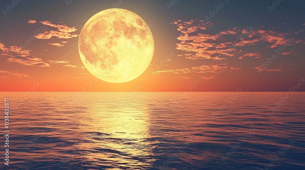 Full moon rising over calm ocean at sunset. Full moon rising over calm ocean at sunset.
