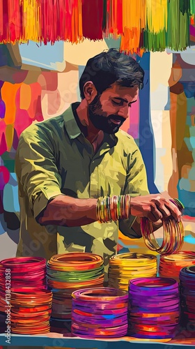 Man Sells Colorful Bangles At Vibrant Market Stall photo