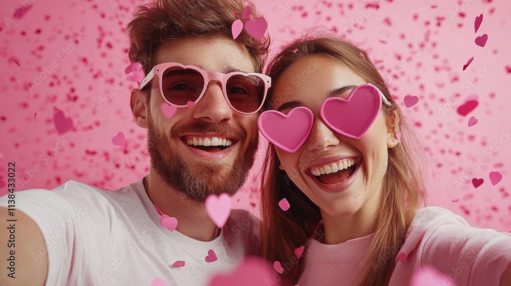Happy Couple Wearing Heart Shaped Sunglasses Amidst Pink Hearts Happy Couple Wearing Heart Shaped Sunglasses Amidst Pink Hearts