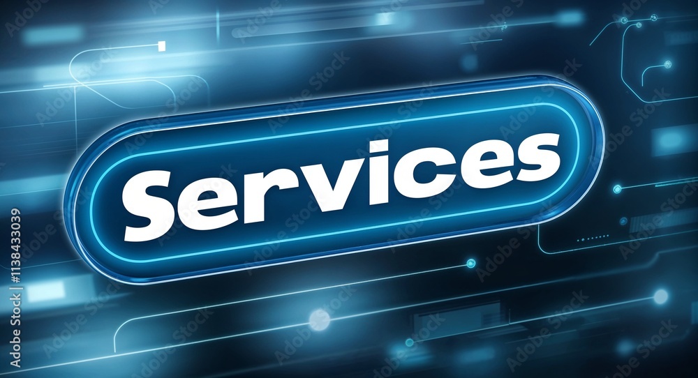 Services word lettering on a button in digital tech blur background