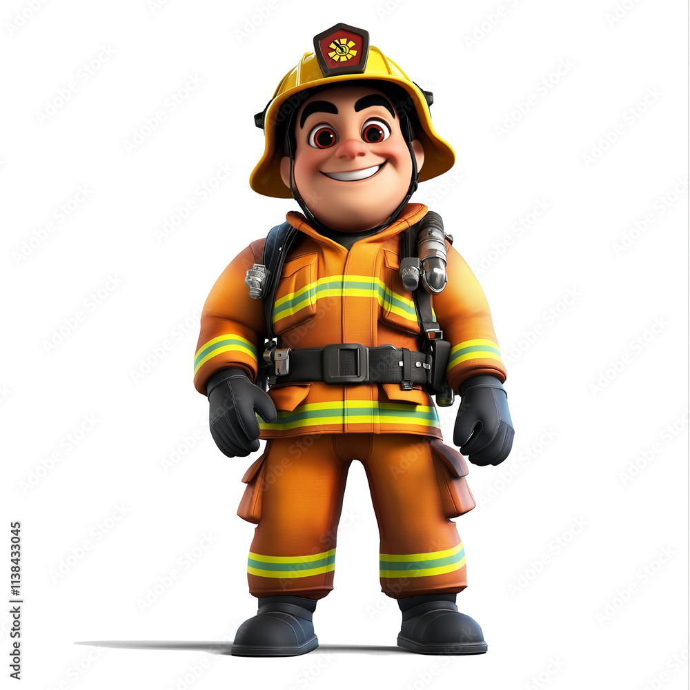 Smiling cartoon firefighter character standing with transparent background Smiling cartoon firefighter character standing with transparent background