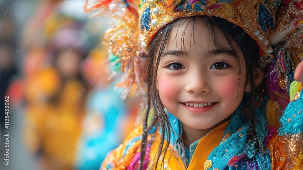 A young girl in vibrant traditional attire smiles, showcasing cultural celebration. A young girl in vibrant traditional attire smiles, showcasing cultural celebration.
