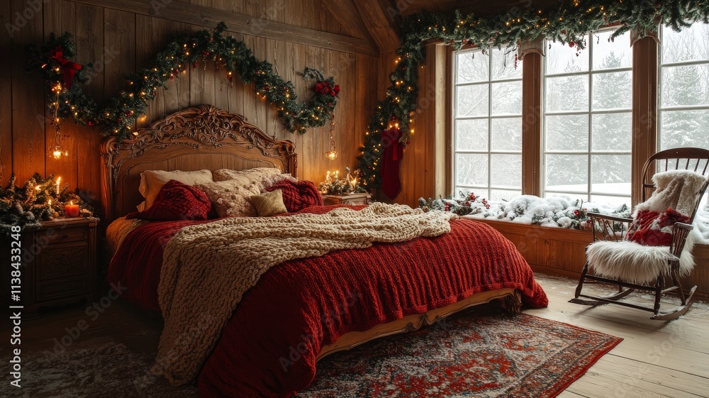 A grand and festive Christmas interior of the dining room in Santa's cottage, decorated in warm red and gold tones with intricate holiday details A grand and festive Christmas interior of the dining room in Santa's cottage, decorated in warm red and gold tones with intricate holiday details