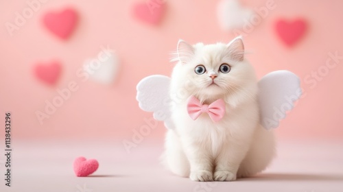 This adorable cat with angel wings and a pink bow tie embodies cuteness, perfect for themes of love, pets, and playful moments. photo