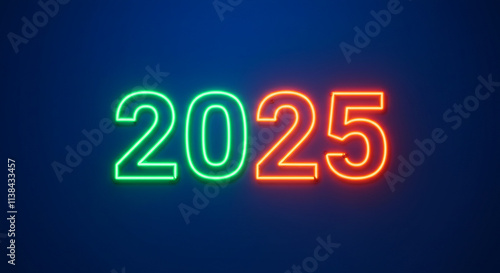 HD Retro Neon 2025 Sign, Bright Neon Green and Orange on a Vibrant Blue Background