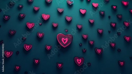 Glowing Pink Hearts Teal Background   Valentine s Day photo