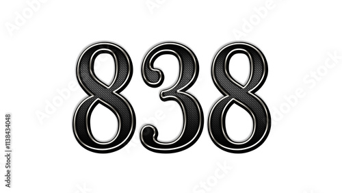 black metal 3d design of number 838 on white background.