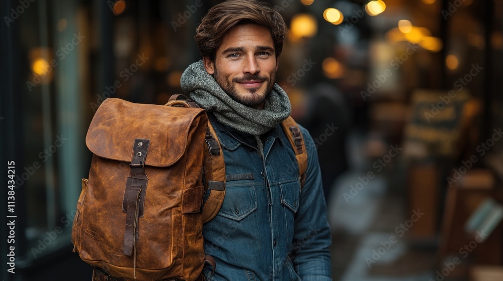 A young man with a backpack smiles in a vibrant urban setting. A young man with a backpack smiles in a vibrant urban setting.