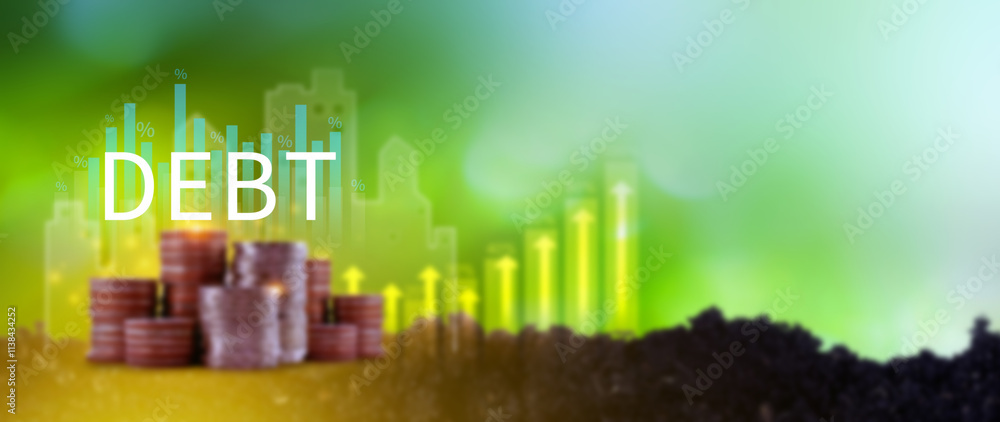 Fototapeta premium Debt growth coin and percentage for debt reduction concept, growth of public debt, Delve deeper the complex concept of debt and significant impact on effectively managing personal finances.
