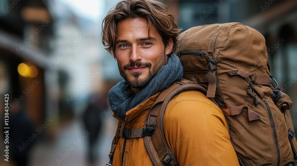 A young man with a backpack smiles in an urban setting, ready for an adventure. A young man with a backpack smiles in an urban setting, ready for an adventure.
