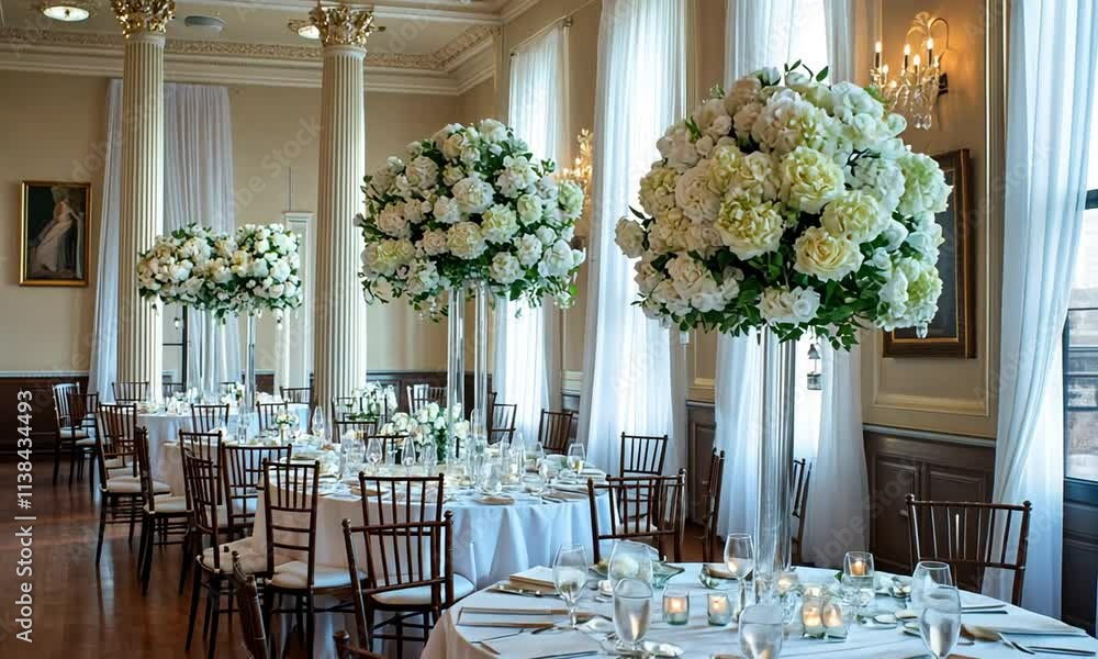 Elegant Wedding Reception Venue Decorated with Tall White Flower Arrangements