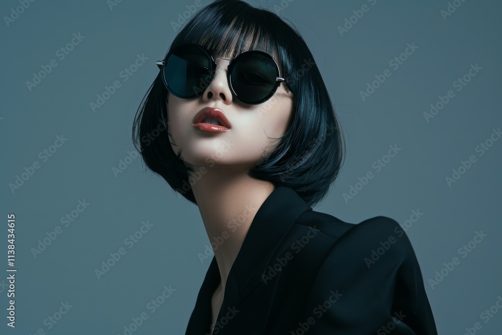 Asian woman in black suit and sunglasses striking a confident pose against a gray background, showcasing elegance and style Asian woman in black suit and sunglasses striking a confident pose against a gray background, showcasing elegance and style