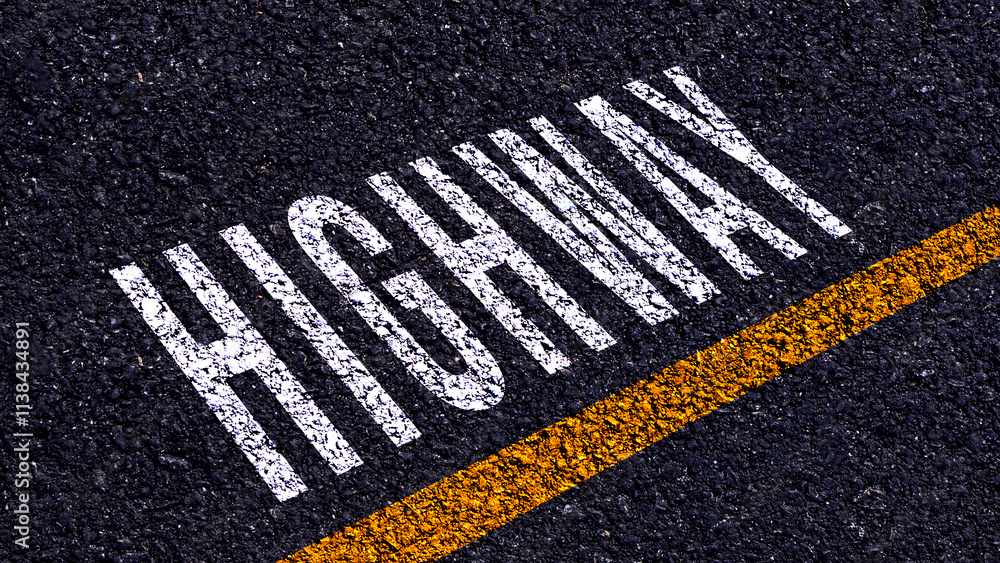 Obraz premium HIGHWAY, highway text written and yellow line on asphalt road ground.