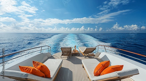Luxury yacht's aft deck, sun loungers, ocean view.