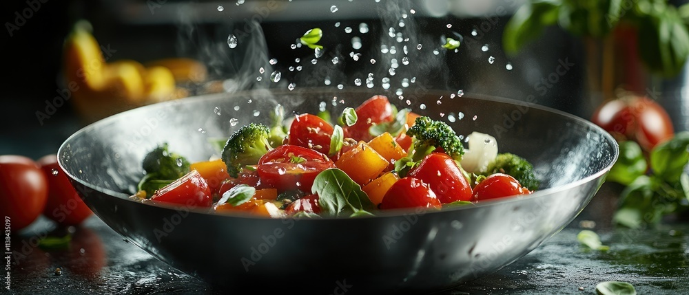 Steaming vegetables, tomatoes, and broccoli in a wok. Steaming vegetables, tomatoes, and broccoli in a wok.